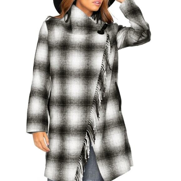 Tasha Polizzi Fringe Wrap Coat Western Ranch Plaid Wool Elbow Patches Size Small - Picture 3 of 11